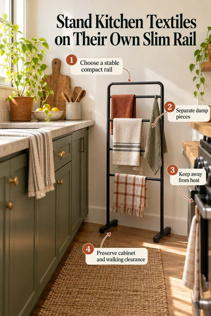 Annotated Educational Photo of freestanding kitchen towel ladder in Rental kitchen showing choose a stable compact rail.