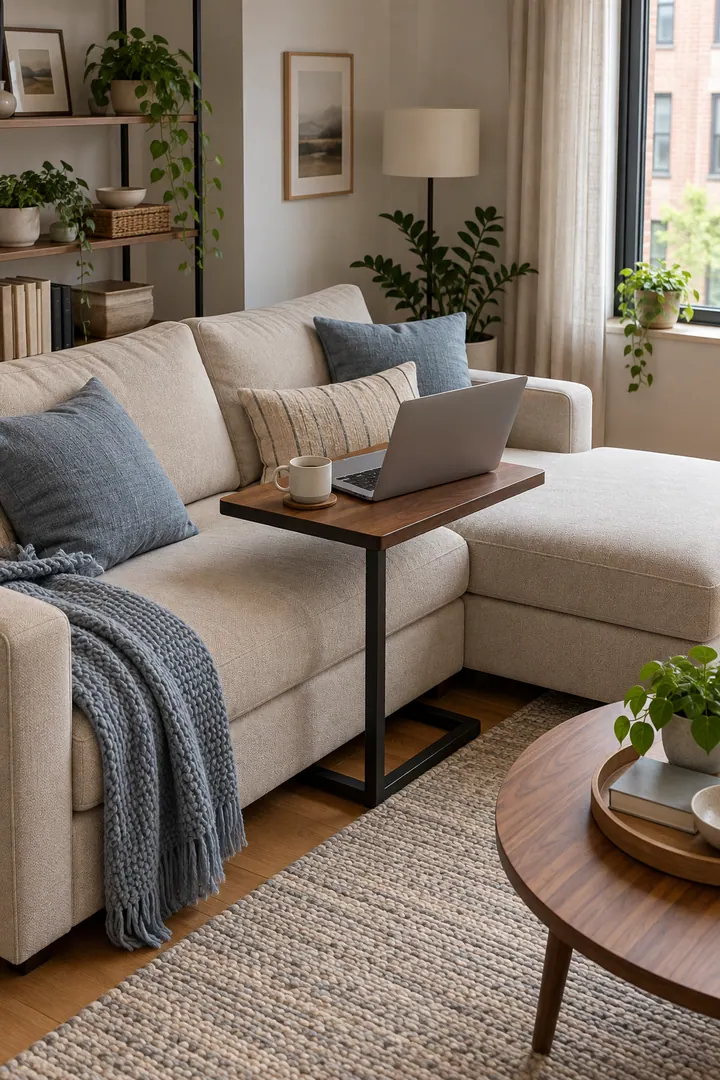 Clean Photo of c shaped sofa table laptop perch in Small living room showing choose a stable c-shaped table.