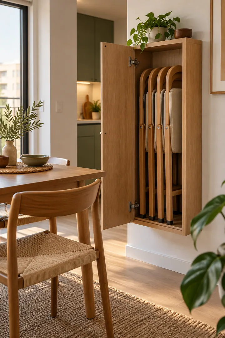 Detail/Lifestyle Photo of folding chair wall cabinet in Studio dining edge showing choose folding chairs with a safe storage cabinet.