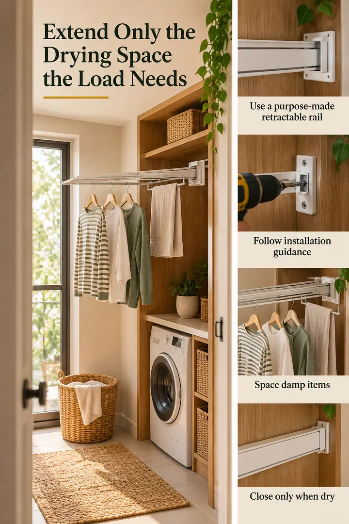 Editorial Educational Collage of extendable drying rail wardrobe in Laundry corner showing use a purpose-made retractable rail.