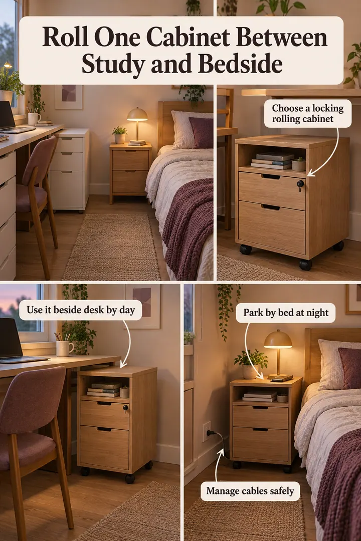 Room-by-Room Visual Guide of rolling bedside cabinet desk in Tiny bedroom showing choose a locking rolling cabinet.