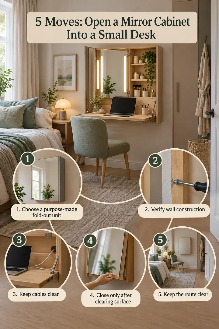Numbered Ideas Infographic of fold out wall mirror desk in Bedroom dressing zone showing choose a purpose-made fold-out unit.