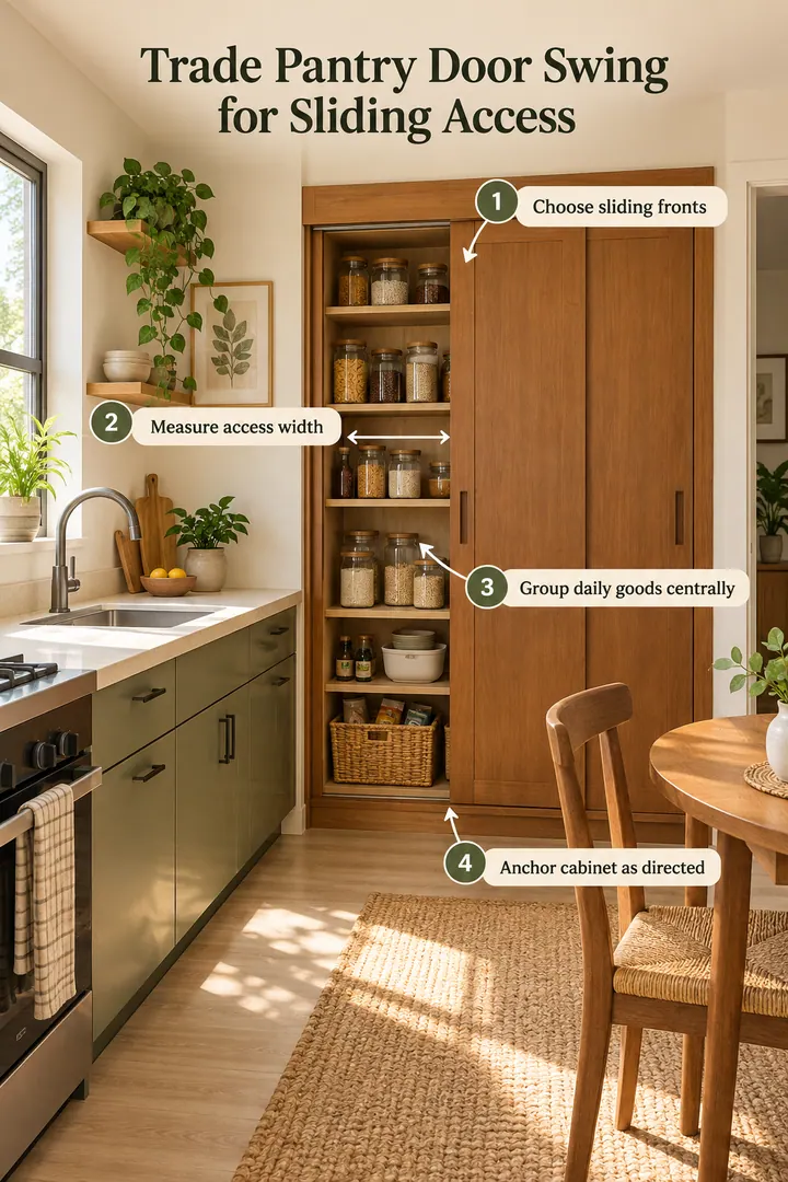 Annotated Educational Photo of sliding door pantry cabinet in One-wall kitchen showing choose sliding fronts.