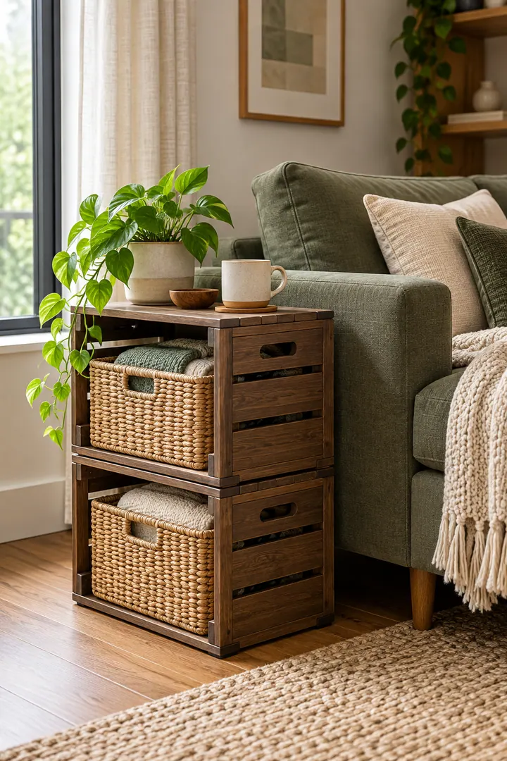 Clean Photo of stackable crate side table in Small living room showing use purpose-made stable stackable modules.