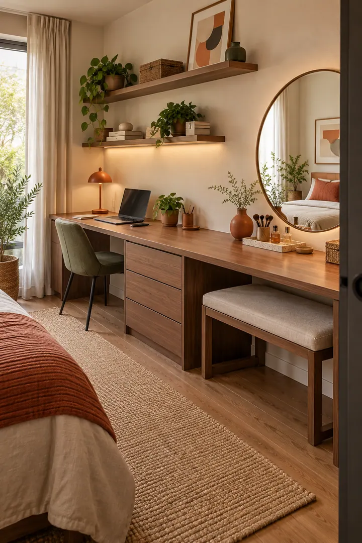Detail/Lifestyle Photo of bench desk shared top in Bedroom office wall showing choose one long stable bench-height surface.