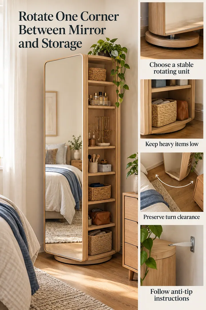Editorial Educational Collage of rotating tower mirror storage in Bedroom corner showing choose a stable rotating unit.