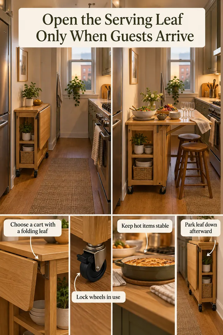 Room-by-Room Visual Guide of folding kitchen cart leaf in Galley kitchen showing choose a cart with a folding leaf.