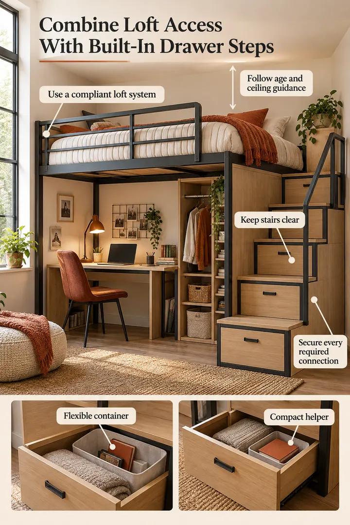 Budget Decor Catalog of loft bed stair drawer storage in Student room showing use a compliant loft system.