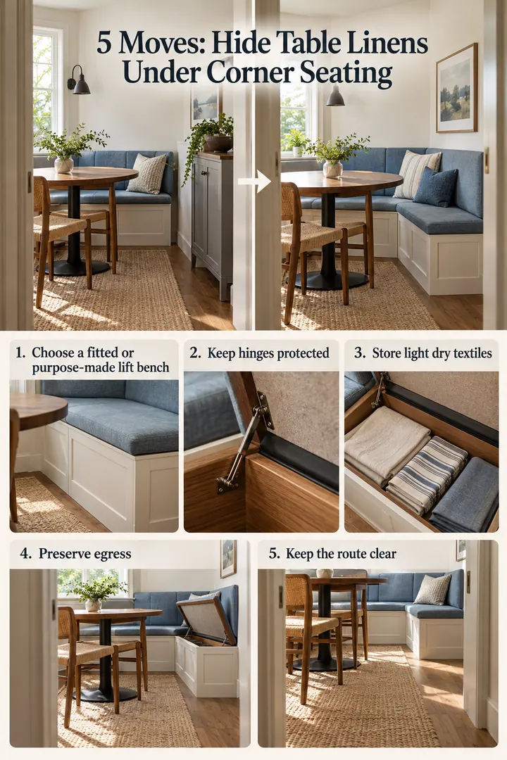 Numbered Ideas Infographic of corner banquette lift seat in Tiny dining corner showing choose a fitted or purpose-made lift bench.