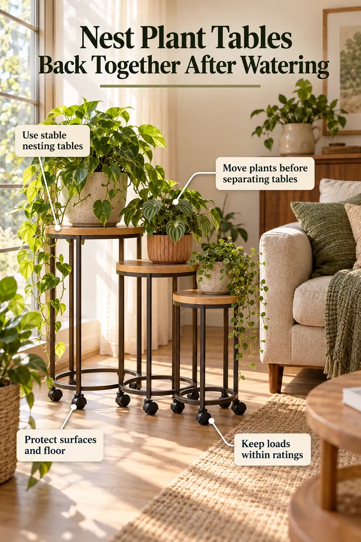 Annotated Educational Photo of rolling nesting plant table in Sunny living room showing use stable nesting tables.