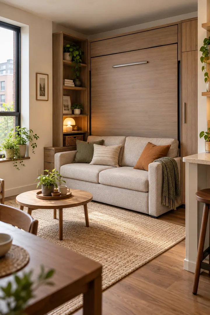 Clean Photo of wall bed sofa combination in Micro studio showing use a certified purpose-made system.