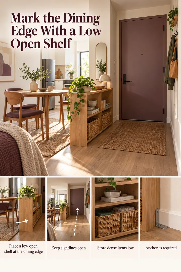 Editorial Educational Collage of dining shelf studio threshold in Studio apartment showing place a low open shelf at the dining edge.