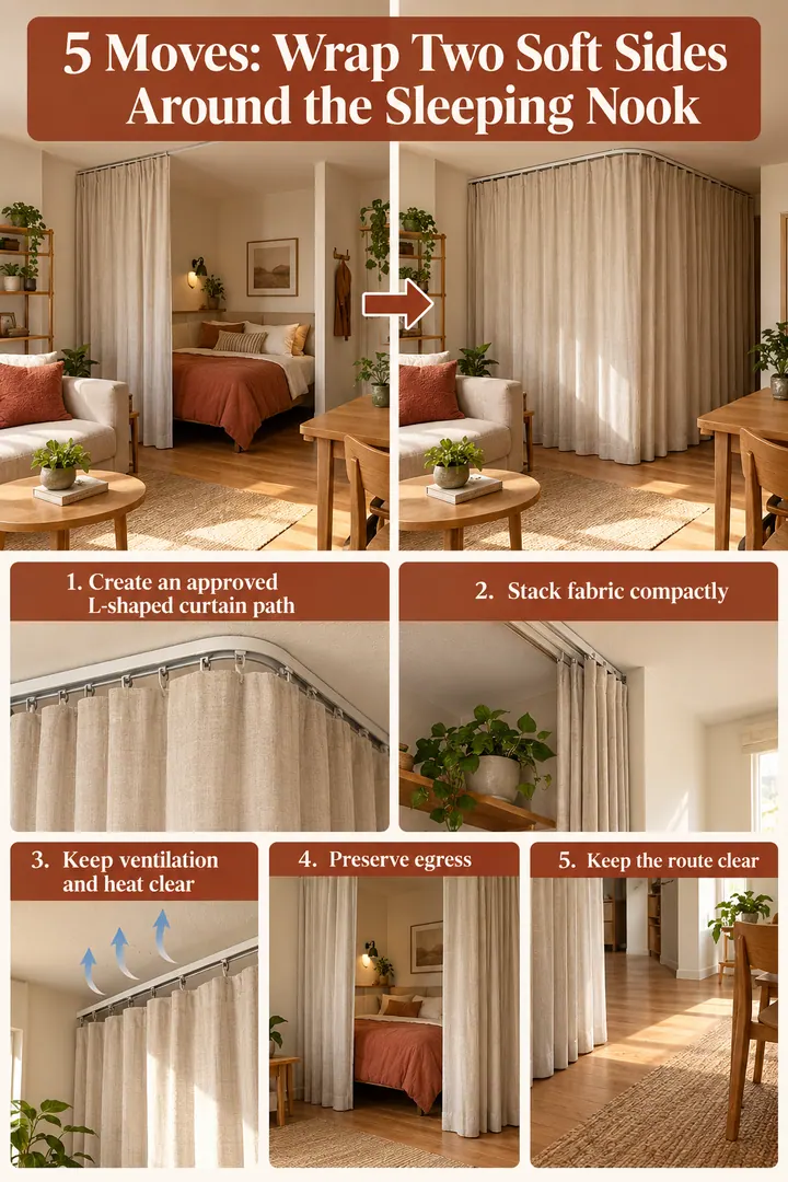 Numbered Ideas Infographic of curtain l shape sleep nook in Square studio showing create an approved l-shaped curtain path.