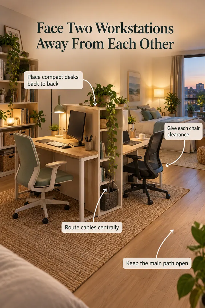 Annotated Educational Photo of back to back desks shared studio in Shared studio showing place compact desks back to back.