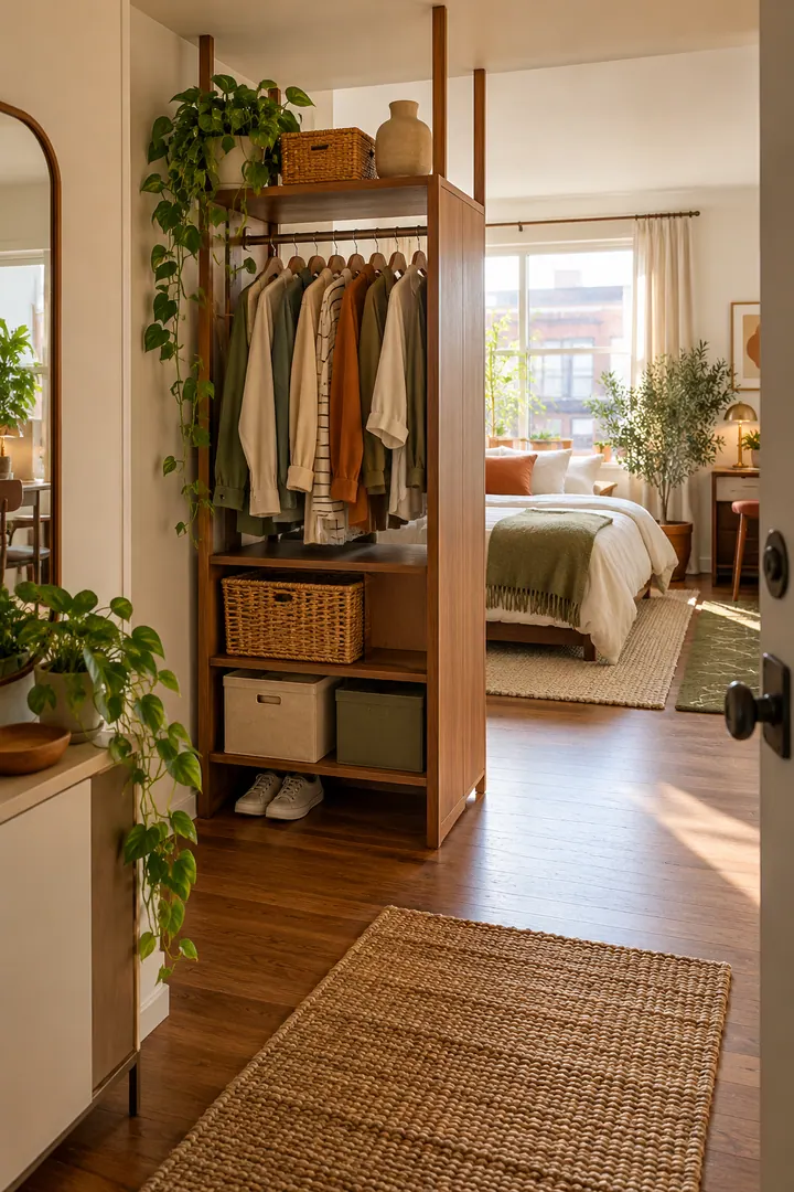 Clean Photo of open wardrobe entry screen in Studio apartment showing place a stable wardrobe across the sightline.