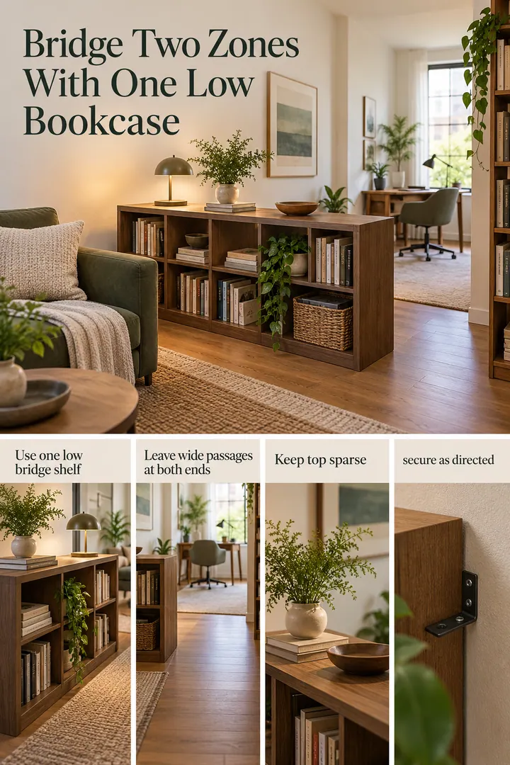 Editorial Educational Collage of bookcase bridge zone transition in Long studio showing use one low bridge shelf.
