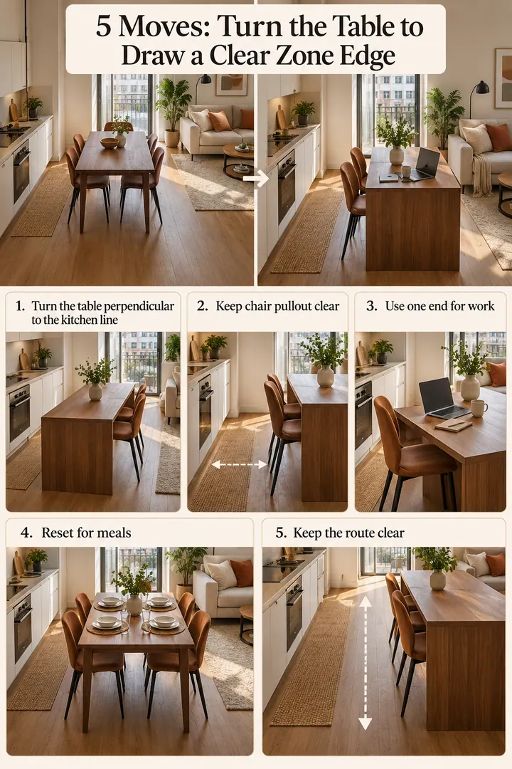 Numbered Ideas Infographic of dining table perpendicular divider in Open studio showing turn the table perpendicular to the kitchen line.