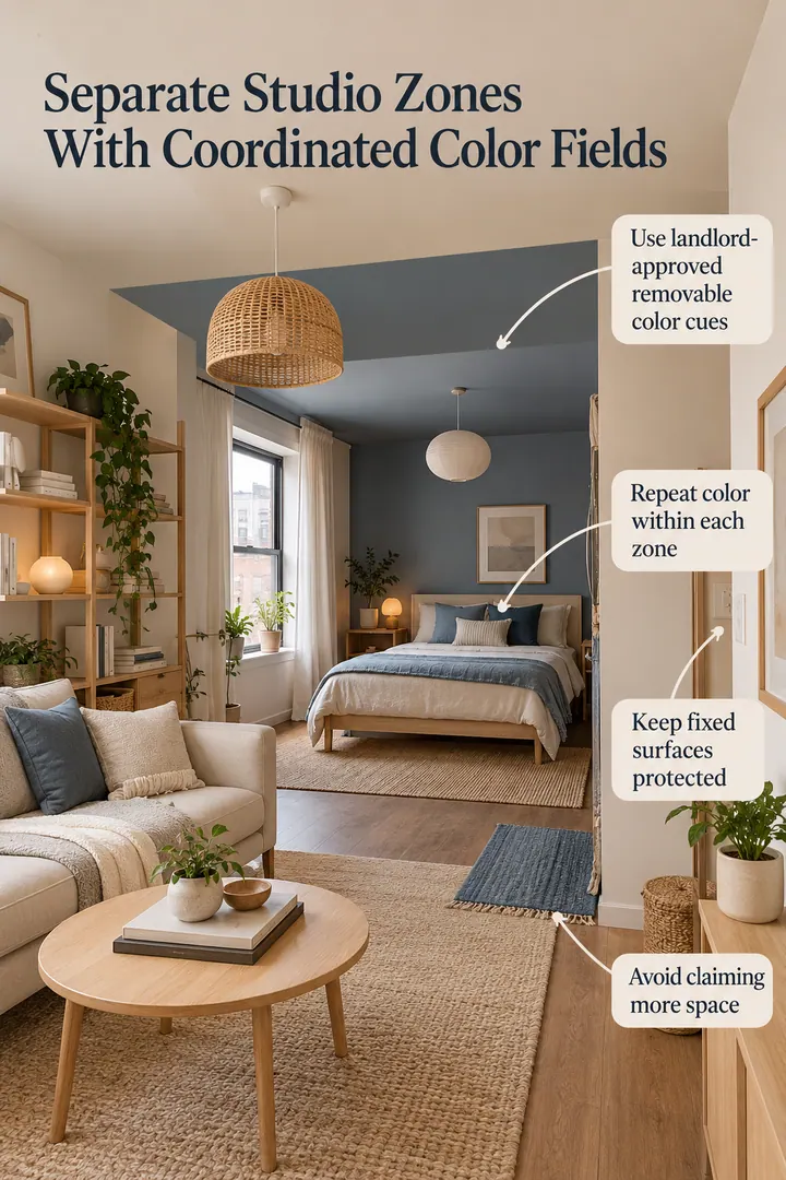 Annotated Educational Photo of ceiling color zone studio in Rental studio showing use landlord-approved removable color cues.