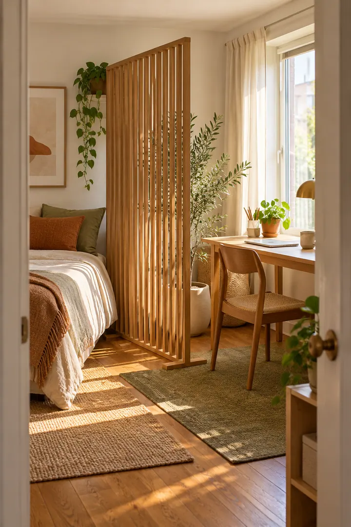 Clean Photo of freestanding slat screen light path in Bright studio showing choose a stable slatted screen.