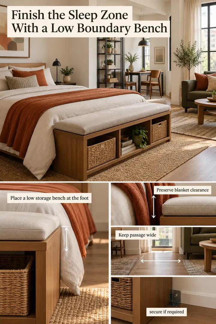 Editorial Educational Collage of bed foot storage boundary in Studio sleep zone showing place a low storage bench at the foot.