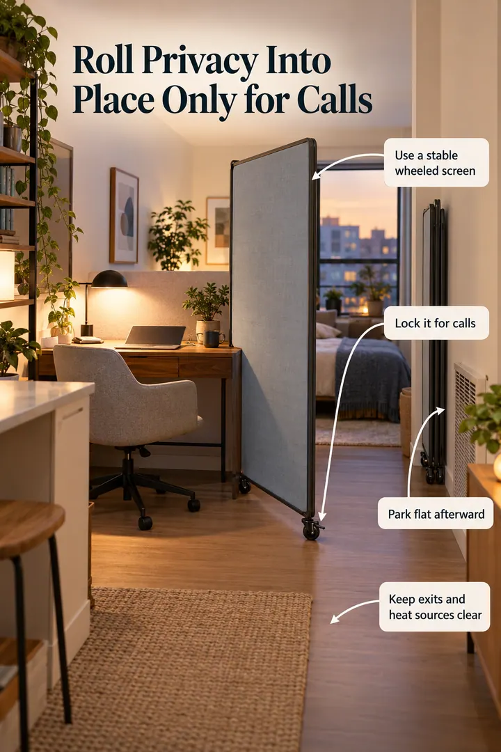 Annotated Educational Photo of mobile screen video call zone in Studio work corner showing use a stable wheeled screen.