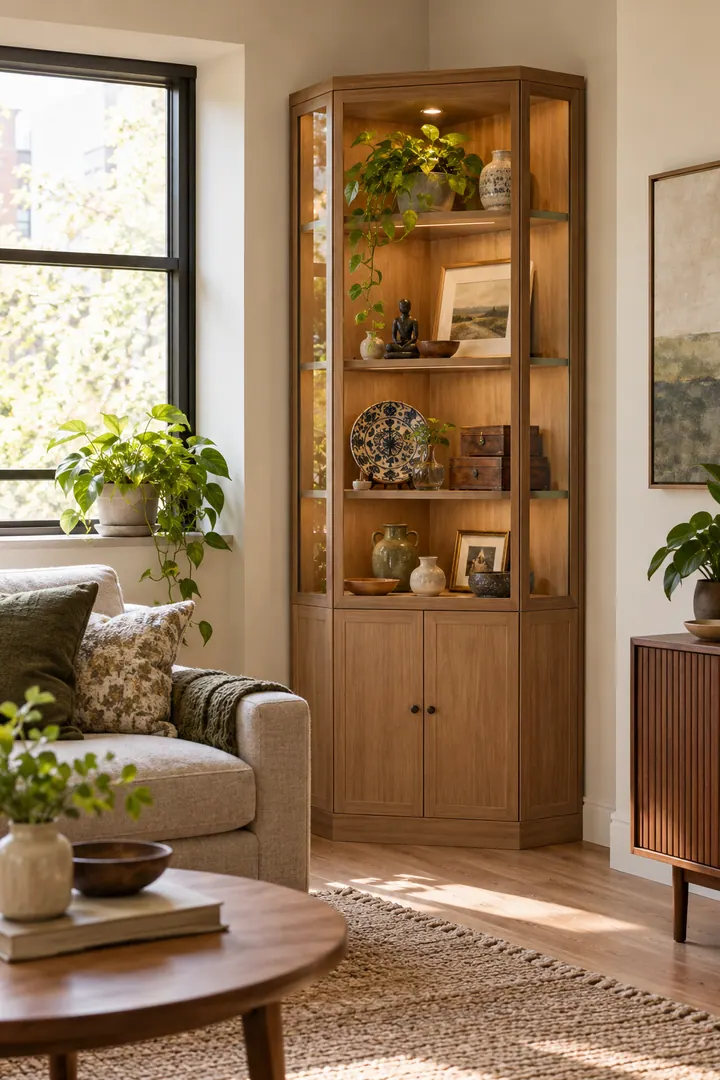 Clean Photo of curated keepsake cabinet in Living-room alcove showing choose one bounded display cabinet.
