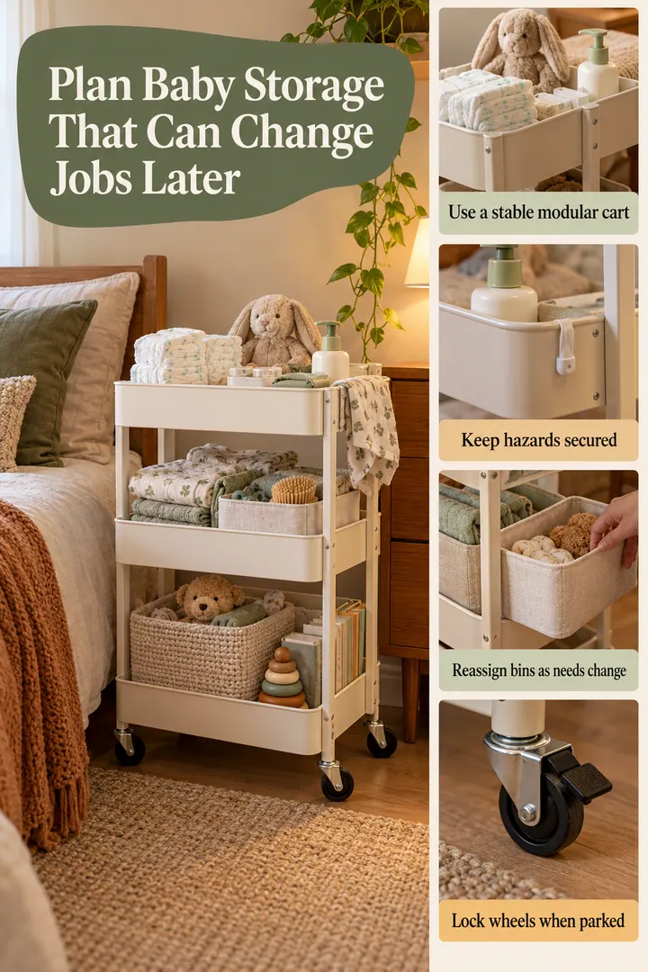 Editorial Educational Collage of flexible newborn storage cart in Bedroom corner showing use a stable modular cart.