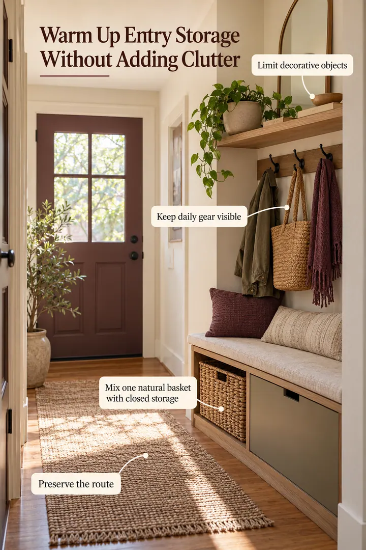 Annotated Educational Photo of warm lived in entry storage in Narrow entry showing mix one natural basket with closed storage.