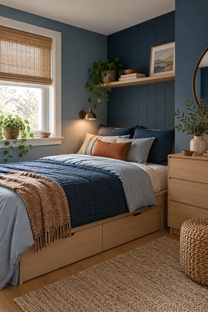 Clean Photo of mixed monochrome blue bedroom in Tiny bedroom showing layer several related blues.