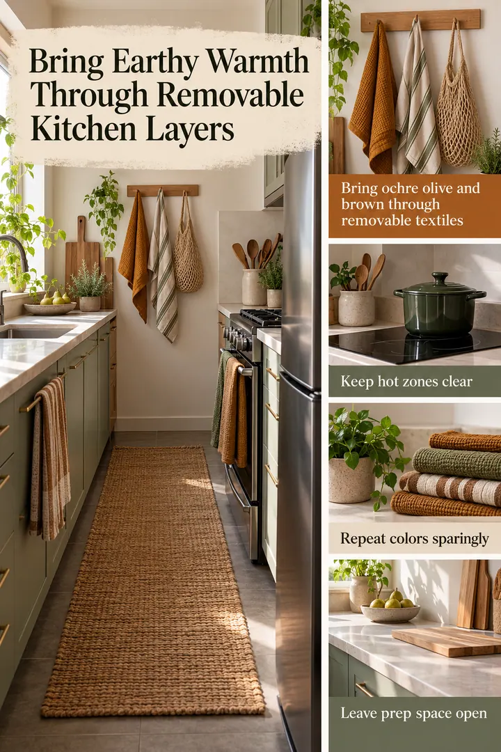 Editorial Educational Collage of earth tone compact kitchen textiles in Rental kitchen showing bring ochre olive and brown through removable textiles.