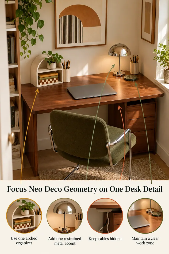 Annotated Educational Photo of neo deco desk geometry in Home office nook showing use one arched organizer.