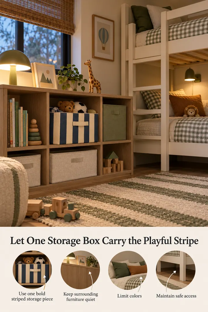 Annotated Educational Photo of funhaus striped storage box in Children shared room showing use one bold striped storage piece.