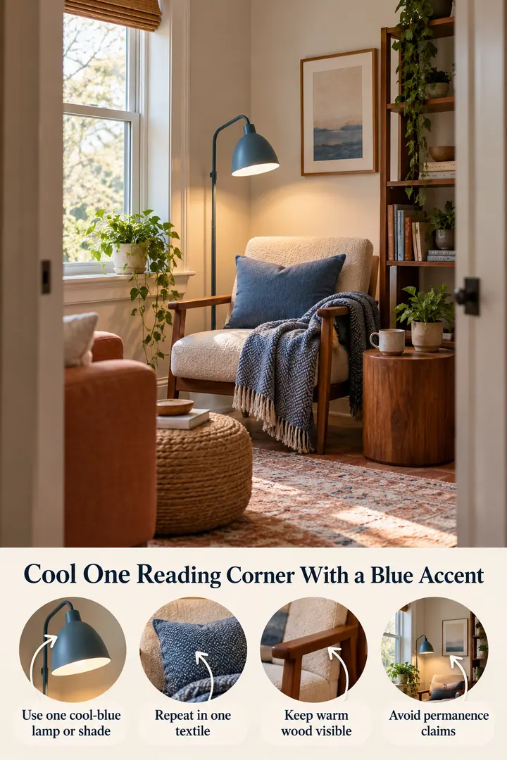 Annotated Educational Photo of cool blue reading lamp corner in Living-room corner showing use one cool-blue lamp or shade.