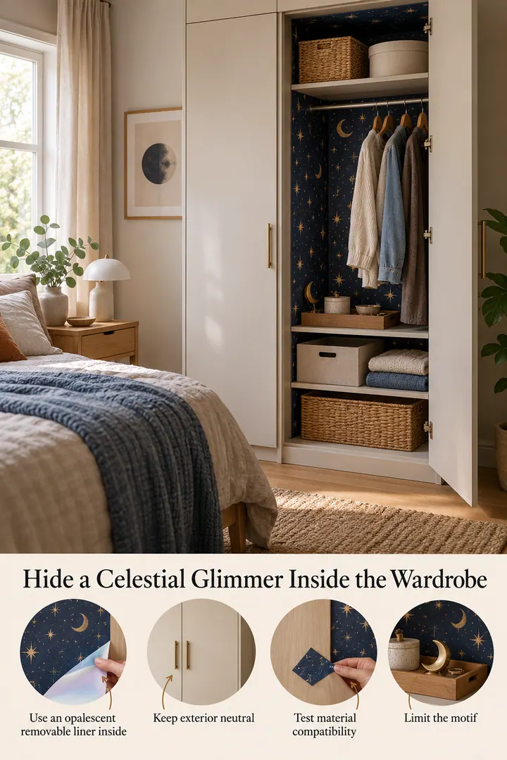 Annotated Educational Photo of extra celestial cabinet interior in Bedroom wardrobe showing use an opalescent removable liner inside.