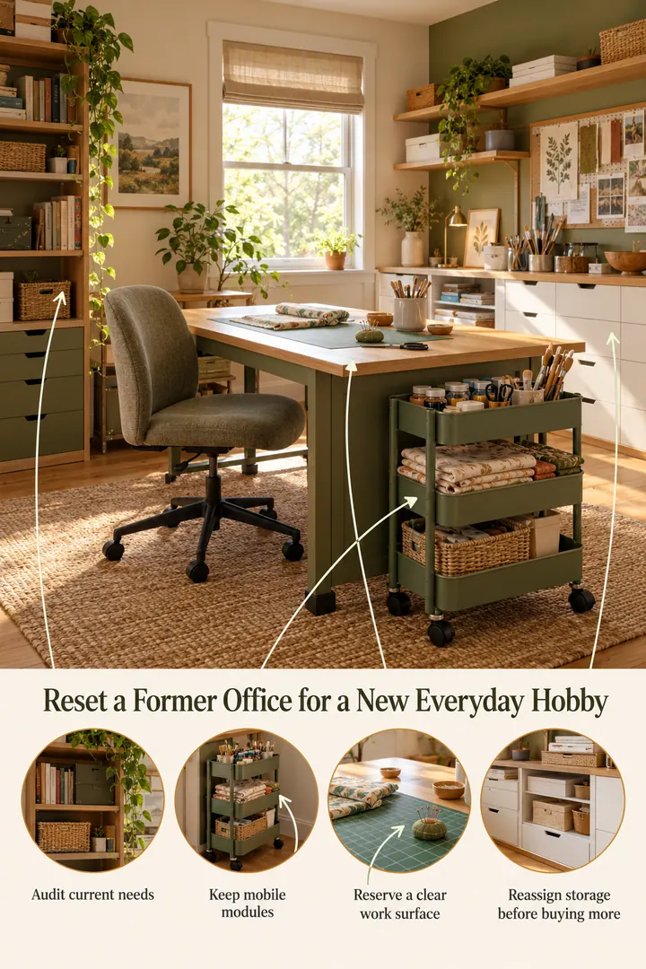 Annotated Educational Photo of flex room retirement hobby shift in Spare-room office showing audit current needs.