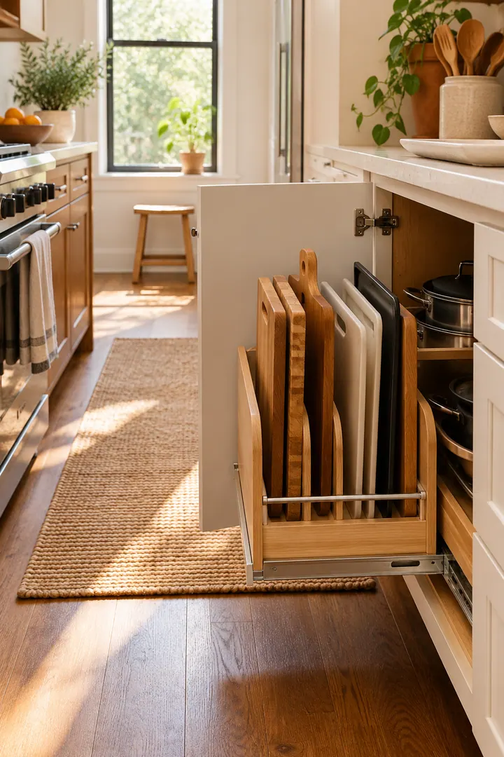 Clean Photo of cutting board slot organizer in Galley kitchen base cabinet showing file boards vertically.