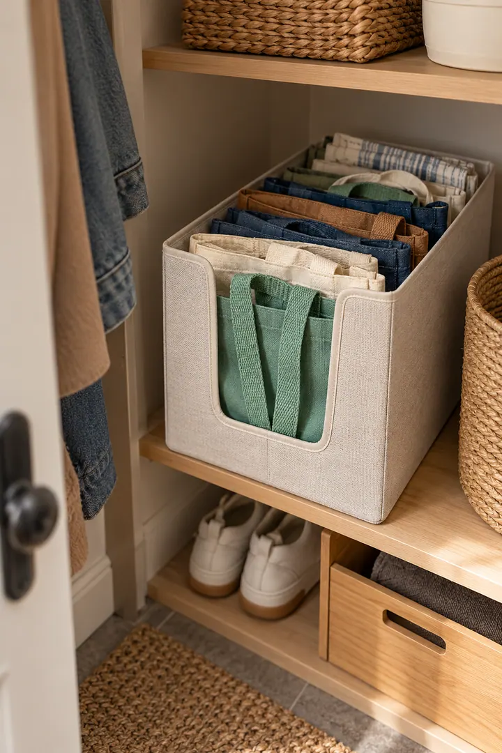 Detail/Lifestyle Photo of reusable bag dispenser bin in Entry closet showing fold bags into one bin.