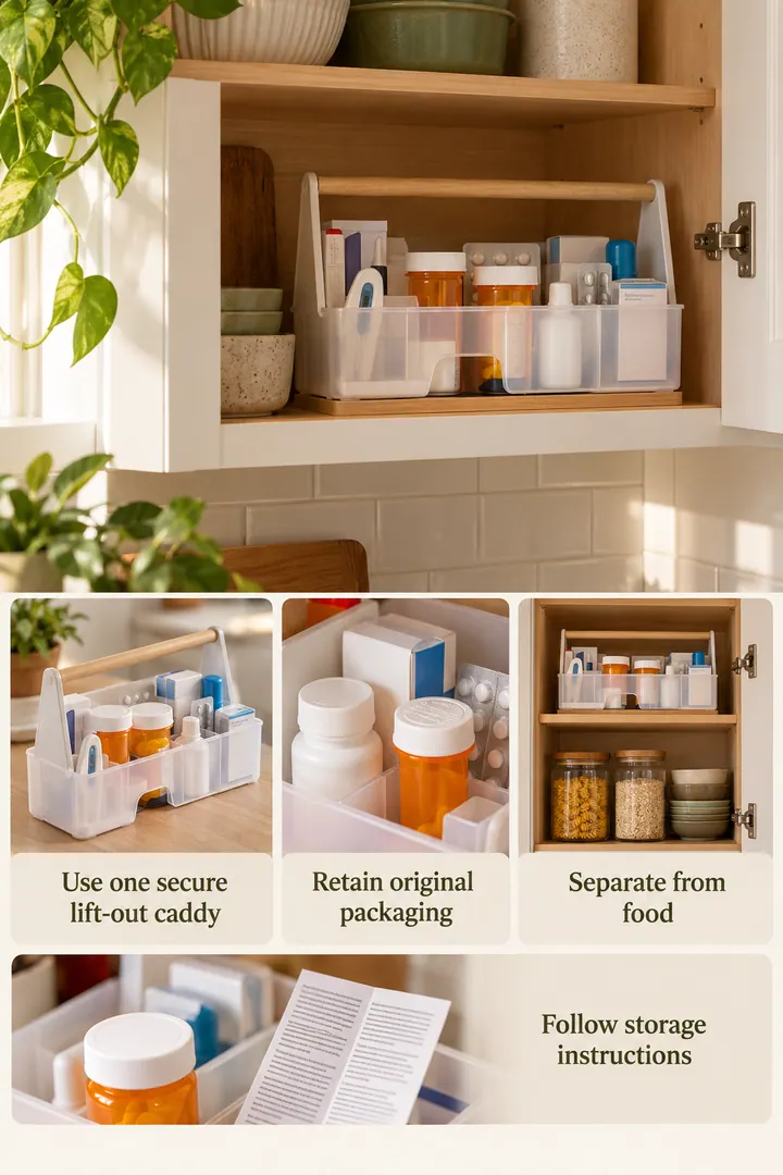 Editorial Educational Collage of medication routine caddy in Kitchen upper cabinet showing use one secure lift-out caddy.