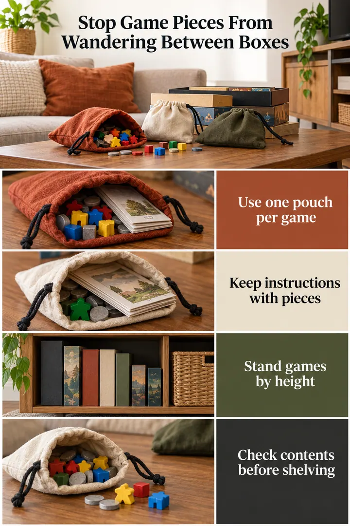 Color Palette Guide of board game component pouches in Living room media unit showing use one pouch per game.