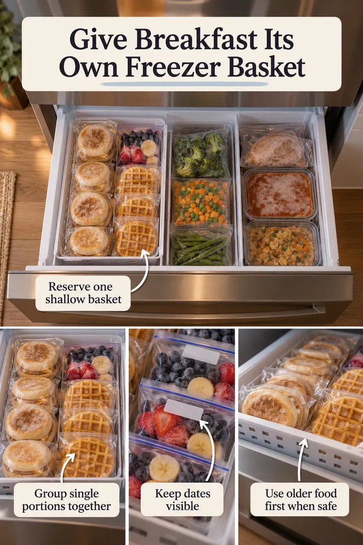 Room-by-Room Visual Guide of freezer breakfast drawer in Apartment freezer showing reserve one shallow basket.