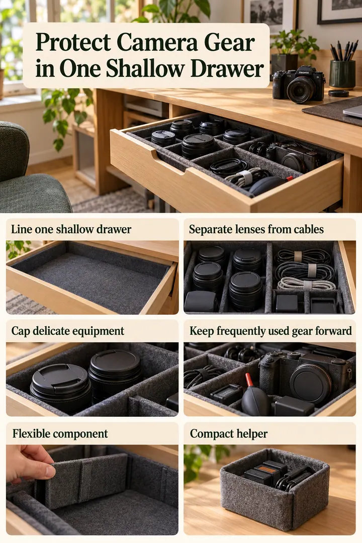 Budget Decor Catalog of camera gear padded drawer in Home office cabinet showing line one shallow drawer.