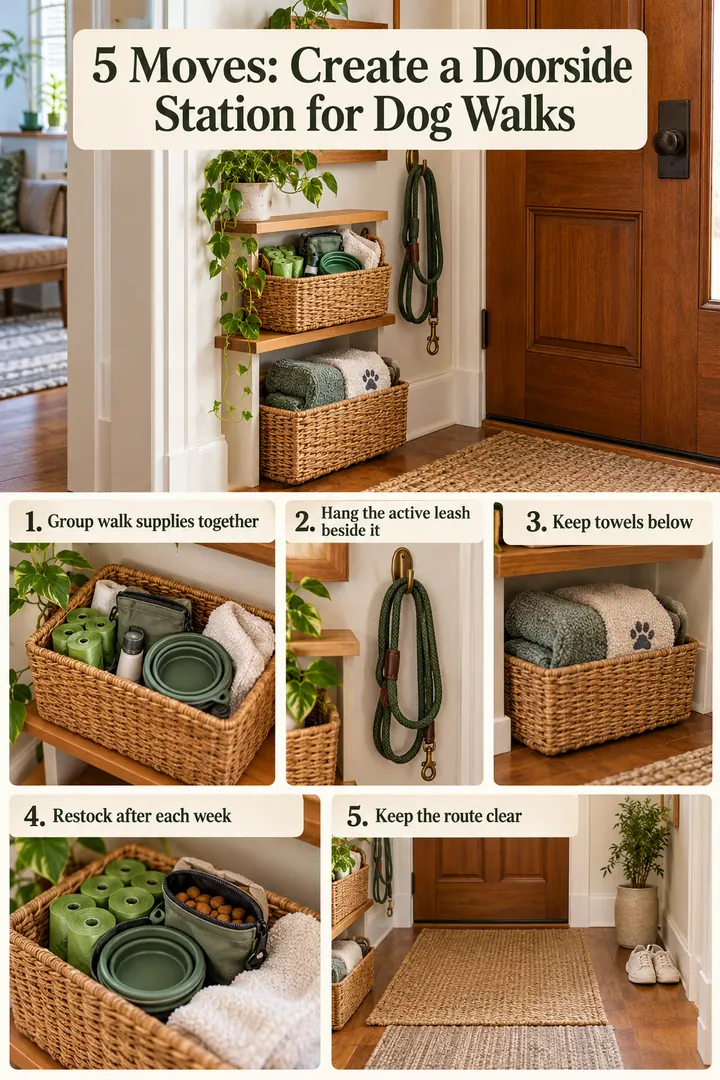 Numbered Ideas Infographic of pet walking launch basket in Entryway showing group walk supplies together.