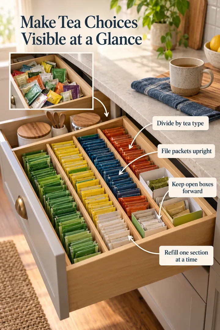 Annotated Educational Photo of tea sachet drawer dividers in Kitchen beverage drawer showing divide by tea type.