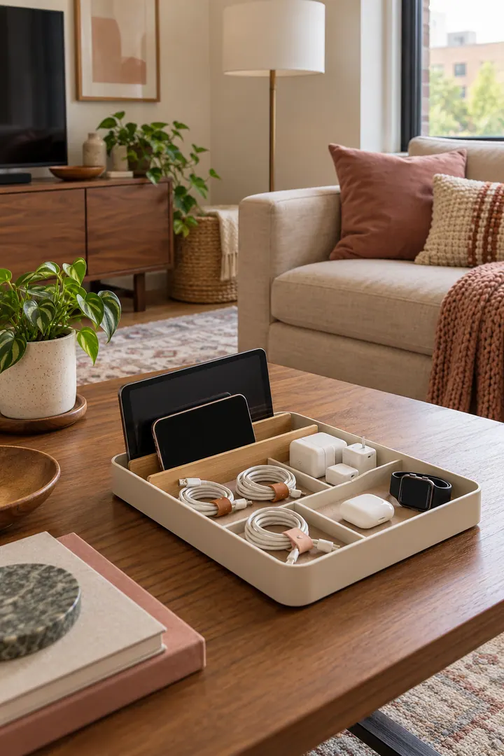 Clean Photo of electronics return tray in Shared living room showing assign one return tray.