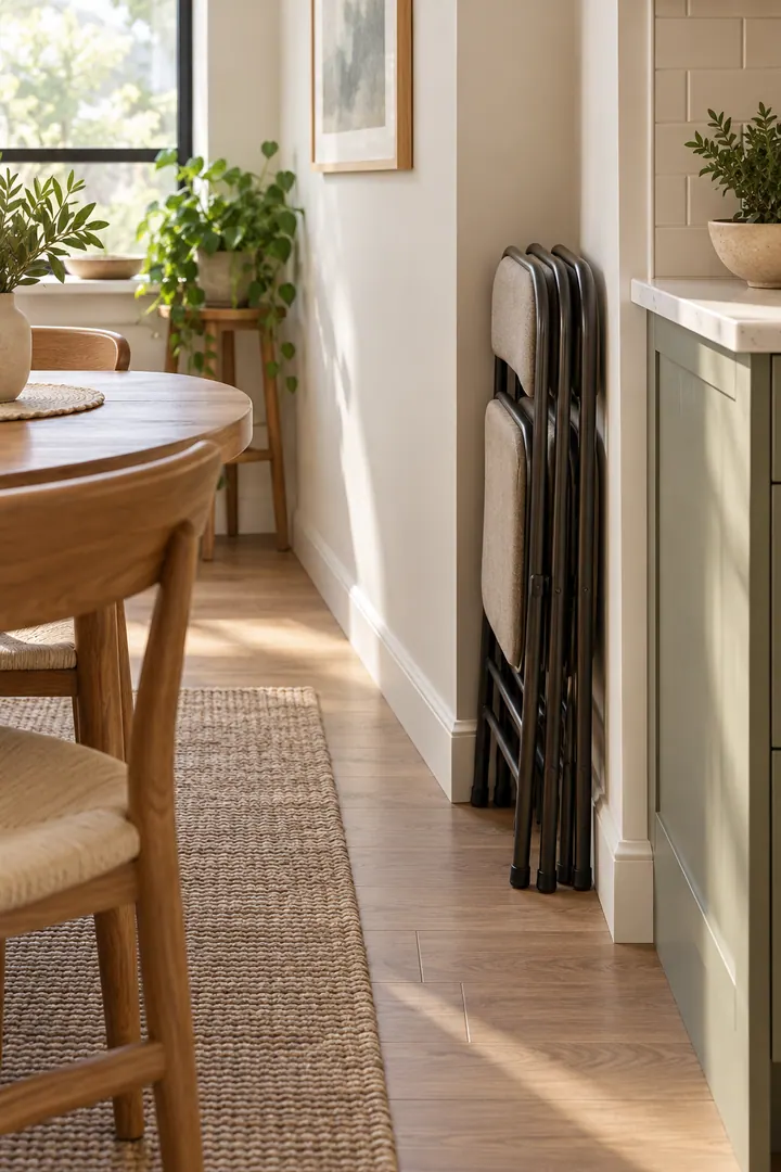 Detail/Lifestyle Photo of folding chair wall gap storage in Dining nook showing choose a stable narrow gap.
