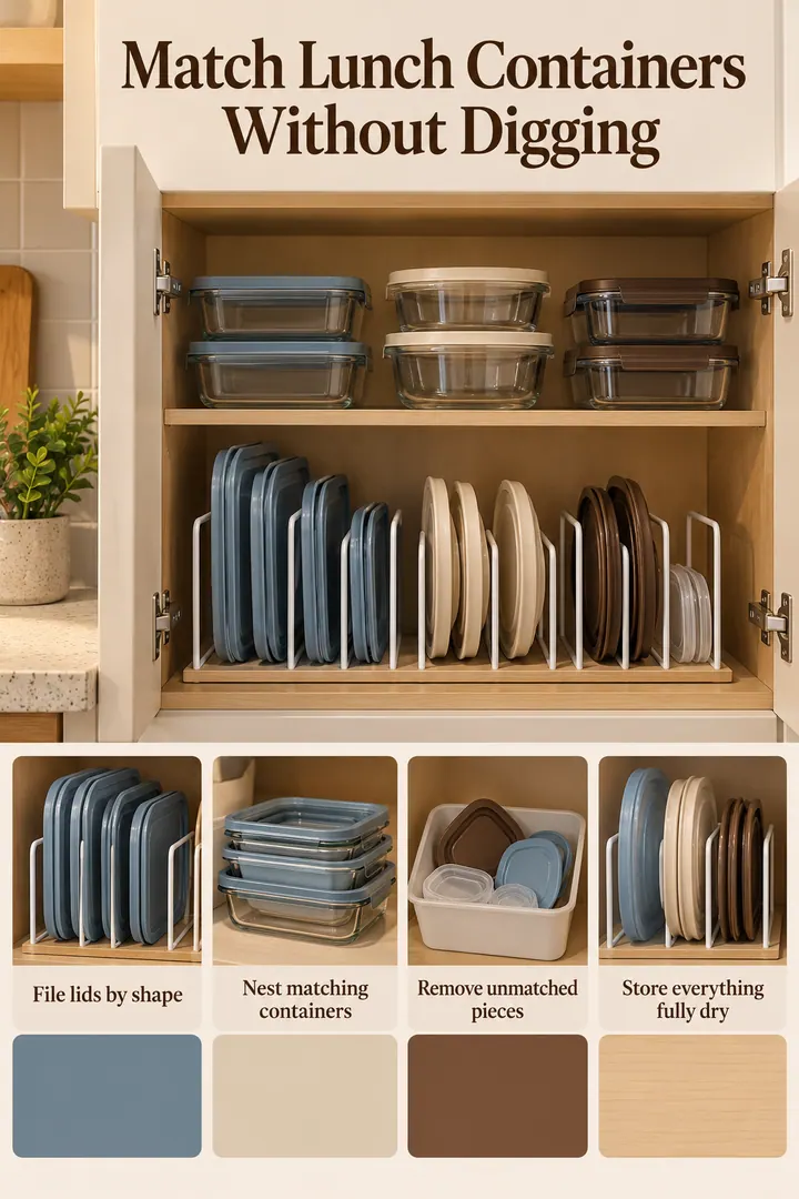 Color Palette Guide of lunch container lid rack in Kitchen cupboard showing file lids by shape.