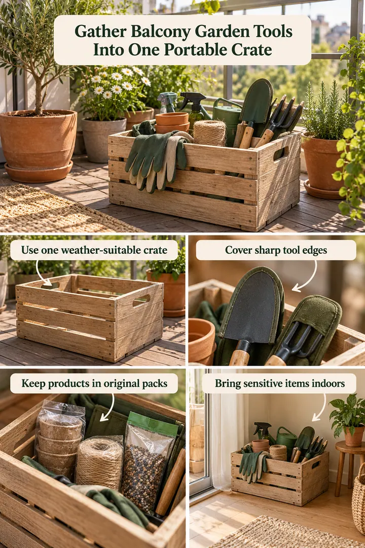 Room-by-Room Visual Guide of balcony gardening supply crate in Apartment balcony showing use one weather-suitable crate.