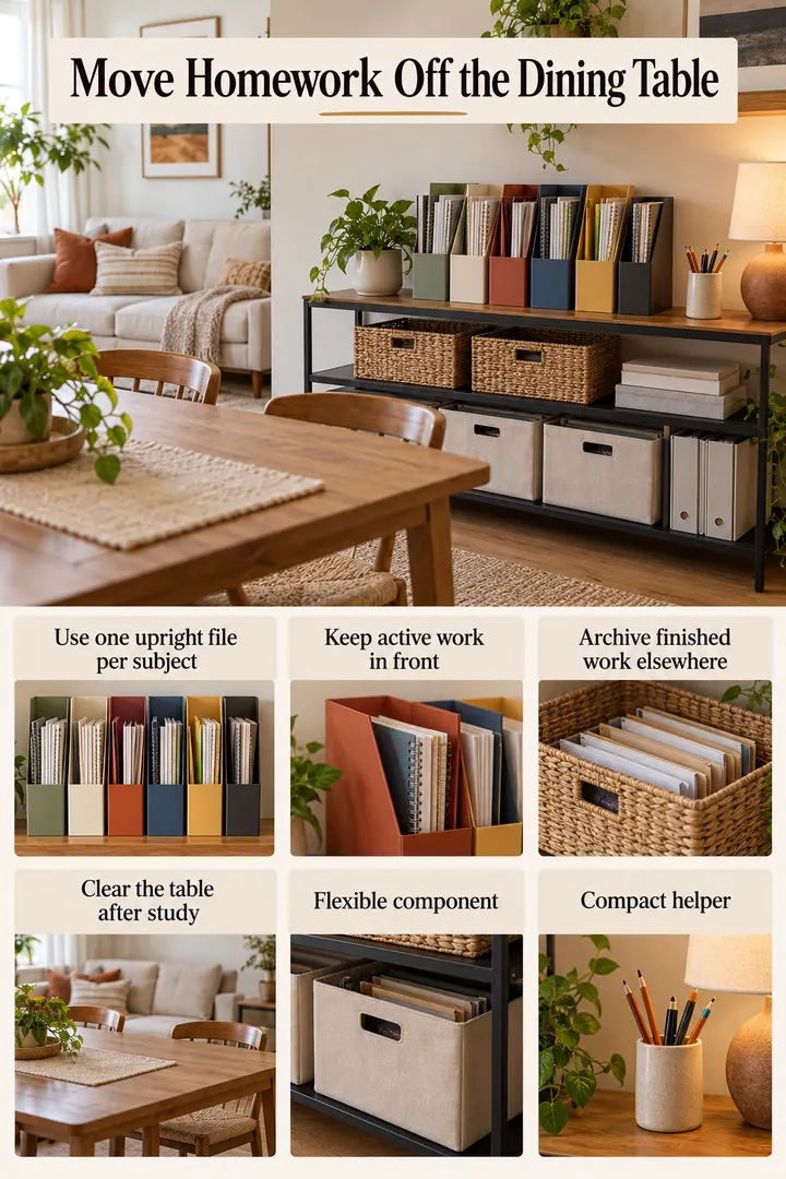 Budget Decor Catalog of homework subject files in Living room console showing use one upright file per subject.