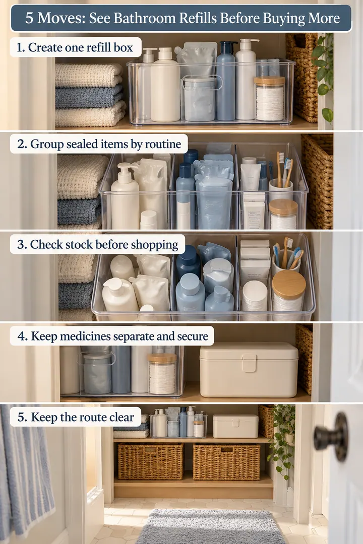 Numbered Ideas Infographic of bathroom refill backstock box in Bathroom closet showing create one refill box.