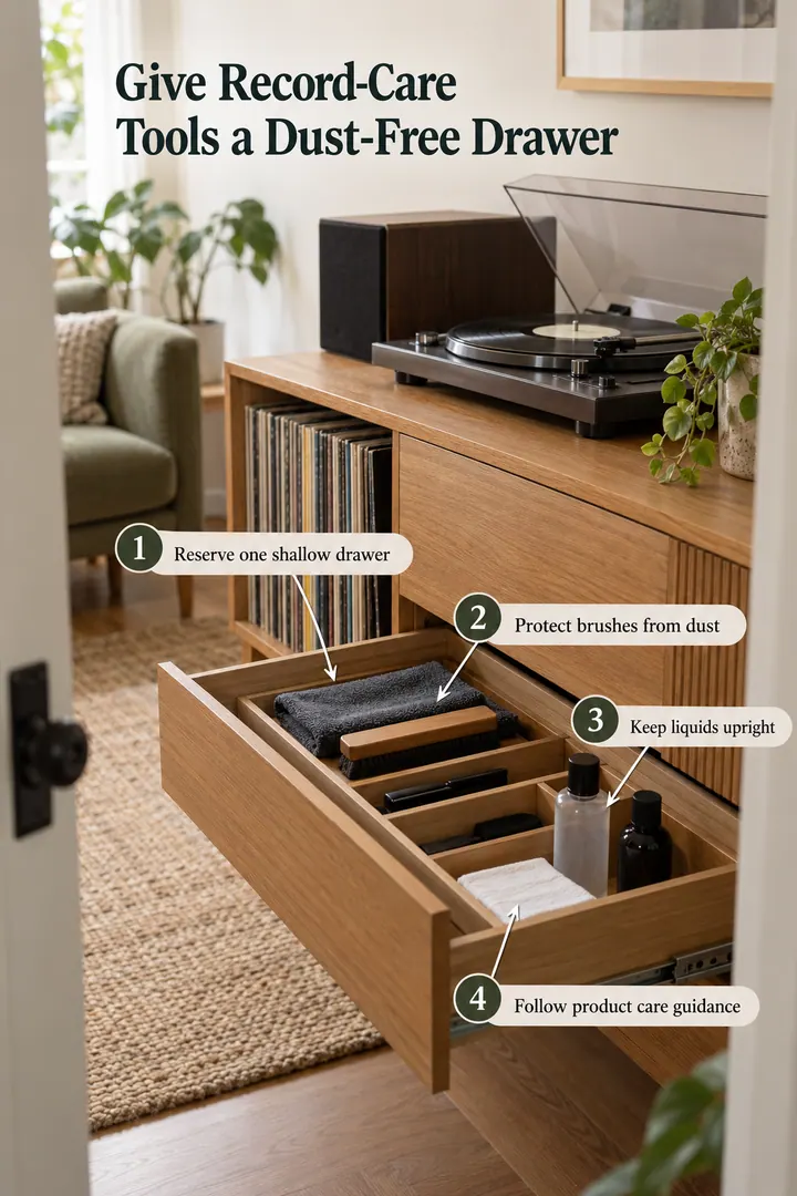 Annotated Educational Photo of record cleaning kit drawer in Media cabinet showing reserve one shallow drawer.